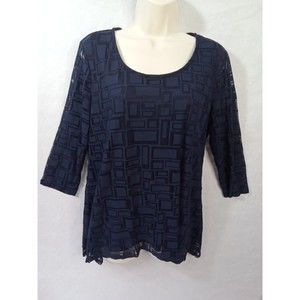 JM Collection Navy Blue Geometric Burnout 3/4‎ Sleeve Top Women's M
